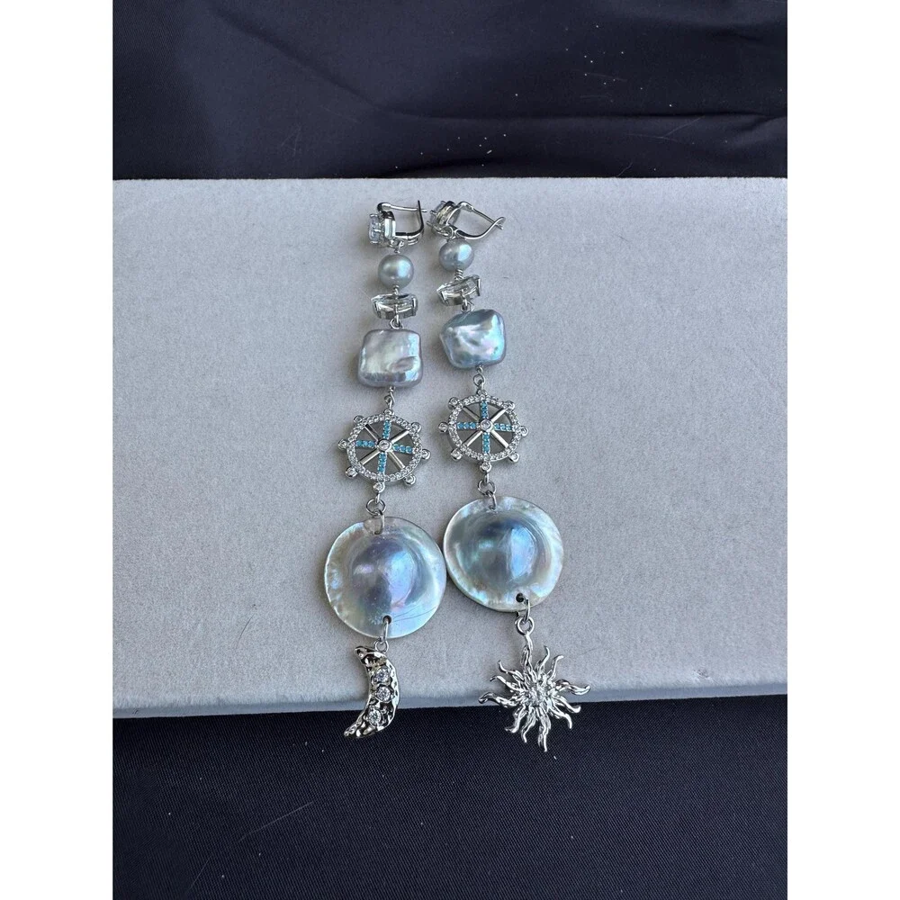 Extra Long Mabe Pearl Statement Earrings, Sea Gray Square & Round Pearls, Crysta